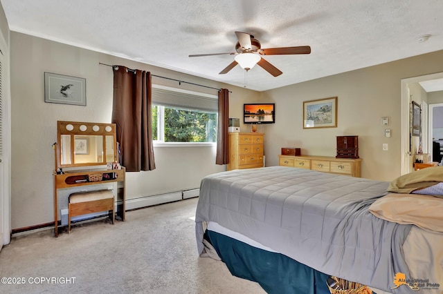 2500 Maylen Cir, Anchorage, AK 99516 - carpeted bedroom featuring a baseboard radiator, ceiling fan, a textured ceiling, and baseboards