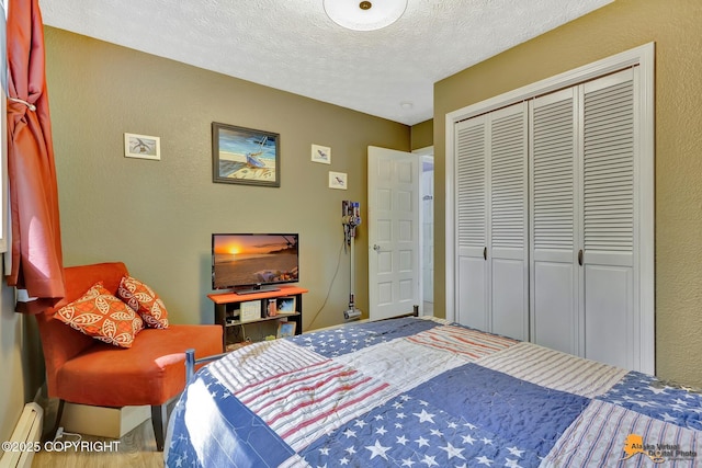 2500 Maylen Cir, Anchorage, AK 99516 - bedroom with baseboard heating, a closet, wood finished floors, a textured ceiling, and a textured wall