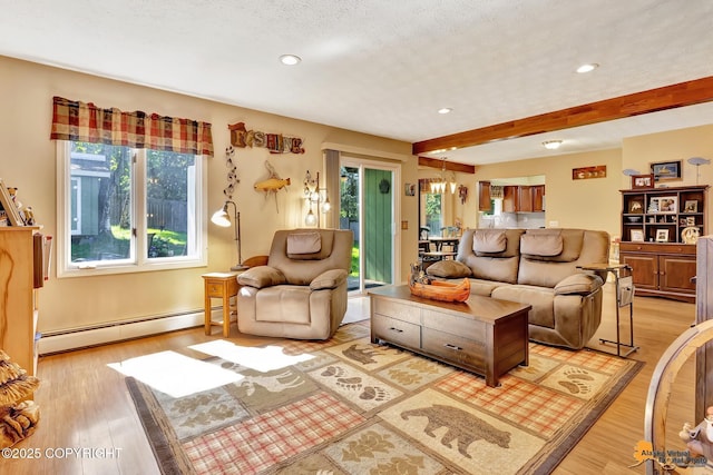 2500 Maylen Cir, Anchorage, AK 99516 - living area featuring a baseboard radiator, plenty of natural light, light wood finished floors, beamed ceiling, and recessed lighting