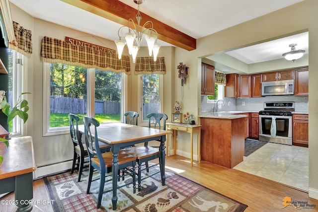 2500 Maylen Cir, Anchorage, AK 99516 - dining space with a baseboard radiator, healthy amount of natural light, light wood-type flooring, and beam ceiling