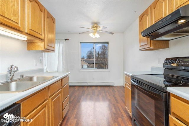 315 Krane Dr # 19, Anchorage, AK 99504 - kitchen with a sink, electric range, dishwasher, under cabinet range hood, and a baseboard radiator