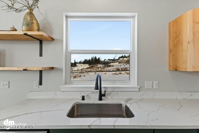 1029 Shelley Ave, Homer, AK 99603 - kitchen featuring open shelves and light stone counters