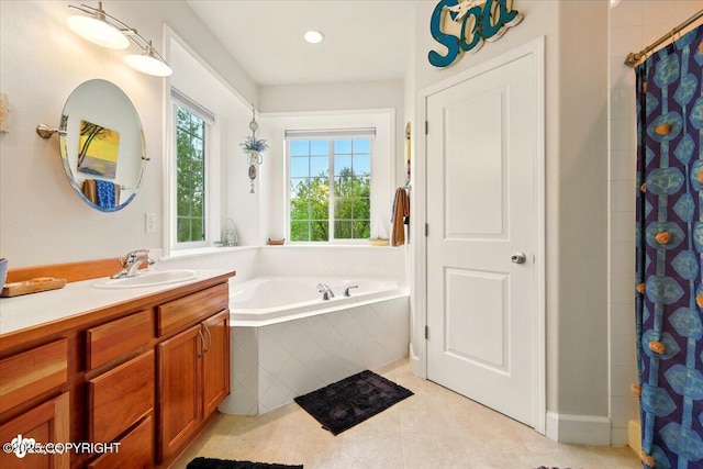 3361 N Inspiration Loop, Wasilla, AK 99654 - full bathroom with vanity, tile patterned flooring, a garden tub, a shower with curtain, and recessed lighting
