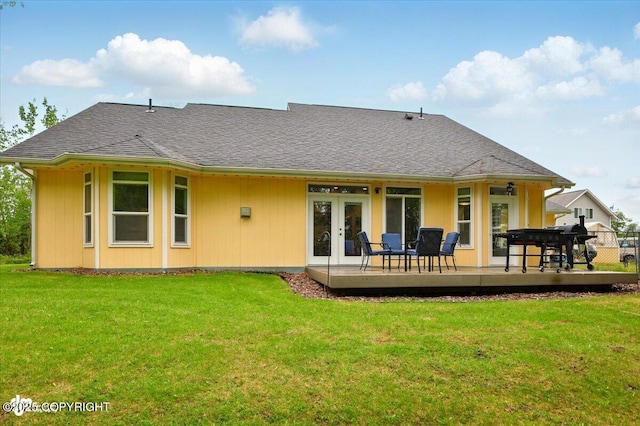 3361 N Inspiration Loop, Wasilla, AK 99654 - back of house with french doors, a deck, a lawn, and roof with shingles