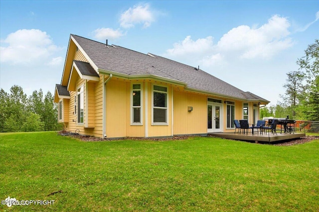 3361 N Inspiration Loop, Wasilla, AK 99654 - back of house with french doors, a lawn, a deck, and roof with shingles
