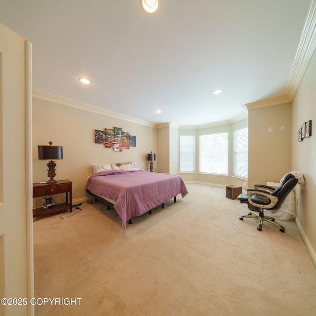 bedroom featuring crown molding, carpet floors, and baseboards