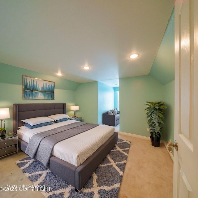 bedroom with carpet floors, baseboards, recessed lighting, and vaulted ceiling