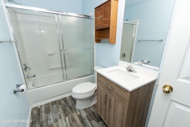 10127 Crest View Ln, Eagle River, AK 99577 - full bathroom featuring bath / shower combo with glass door, vanity, toilet, and wood finished floors