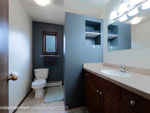 11730 Broadwater Dr, Eagle River, AK 99577 - half bathroom featuring baseboard heating, toilet, vanity, tile patterned flooring, and baseboards