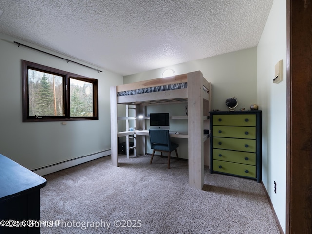 11730 Broadwater Dr, Eagle River, AK 99577 - carpeted bedroom featuring a baseboard heating unit, a textured ceiling, and a desk