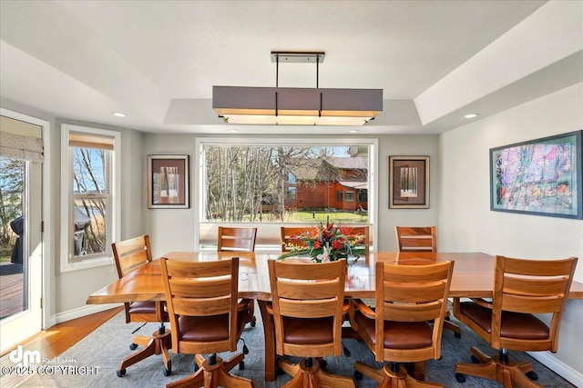 47366 Winridge Ave, Kenai, AK 99611 - dining area featuring a raised ceiling, wood finished floors, baseboards, and recessed lighting