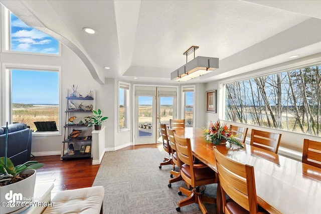 47366 Winridge Ave, Kenai, AK 99611 - dining room with wood finished floors, baseboards, a tray ceiling, and recessed lighting