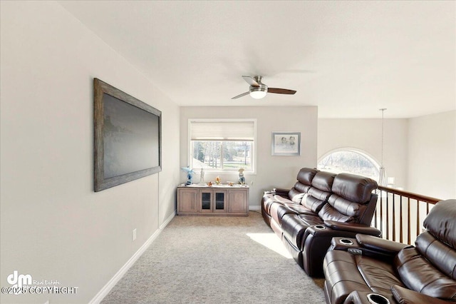 47366 Winridge Ave, Kenai, AK 99611 - living room featuring ceiling fan, light carpet, and baseboards
