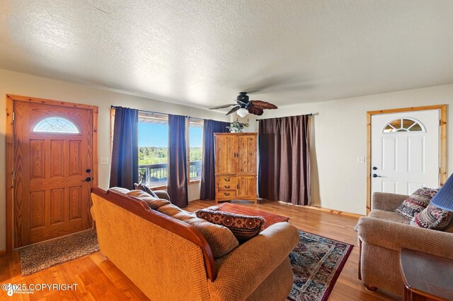 22045 Becharof Cir, Kasilof, AK 99610 - living area featuring light wood finished floors, ceiling fan, a textured ceiling, and baseboards