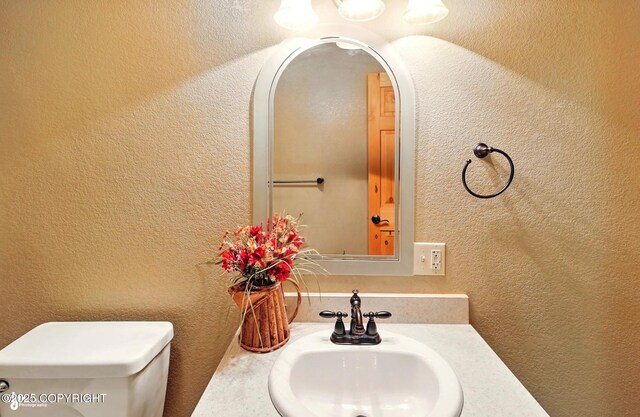 22045 Becharof Cir, Kasilof, AK 99610 - bathroom featuring toilet, a textured wall, and vanity