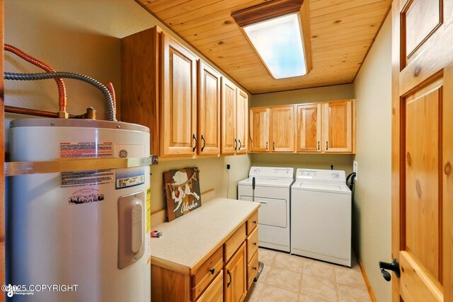 22045 Becharof Cir, Kasilof, AK 99610 - washroom with water heater, cabinet space, washing machine and dryer, wooden ceiling, and light tile patterned flooring