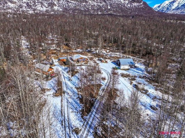 snowy aerial view featuring a wooded view and a mountain view