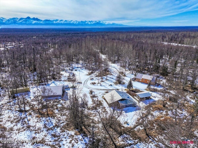 snowy aerial view with a wooded view and a mountain view
