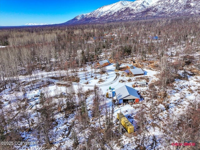 snowy aerial view with a mountain view