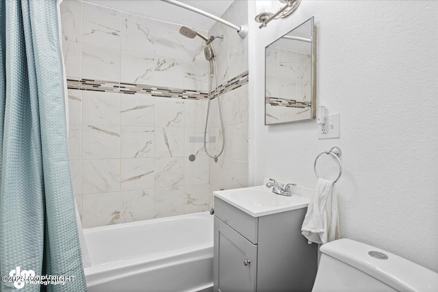 3936 W 88th Ave, Anchorage, AK 99502 - bathroom with toilet, shower / bathtub combination with curtain, vanity, and a textured wall
