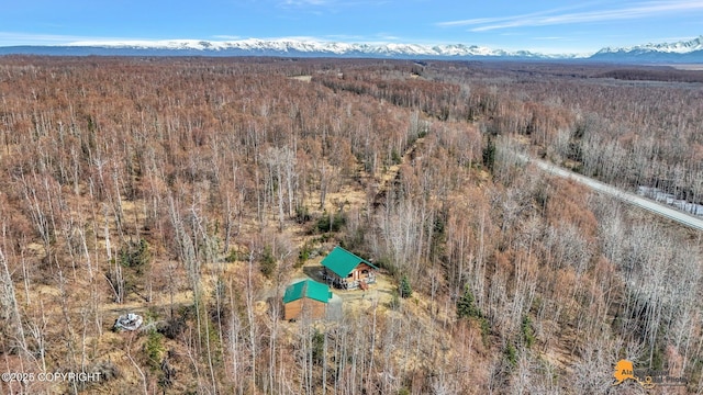 drone / aerial view featuring a mountain view and a view of trees