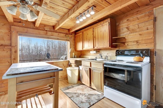 kitchen with wooden ceiling, a sink, electric stove, wooden walls, and beam ceiling