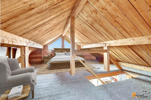 bedroom with wood ceiling, carpet floors, and vaulted ceiling with beams