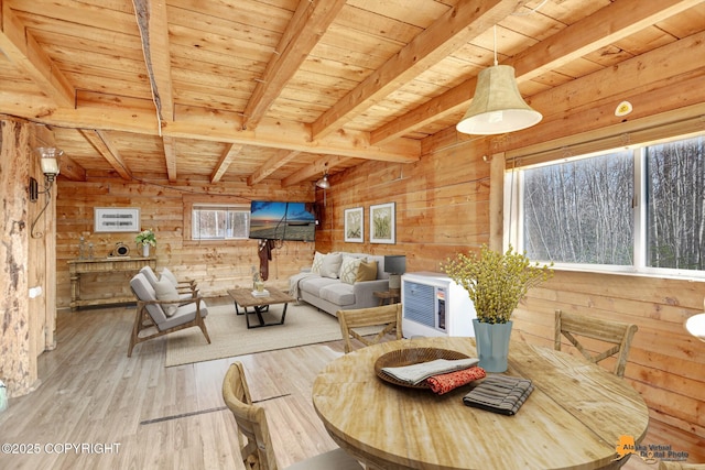 dining area with wood walls, heating unit, wood finished floors, beamed ceiling, and wood ceiling