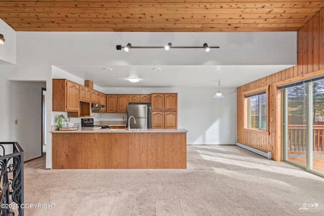 kitchen with baseboard heating, light carpet, appliances with stainless steel finishes, and light countertops