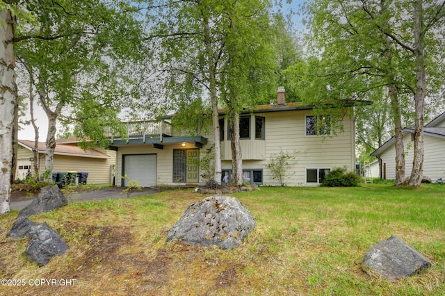 3550 Kachemak Cir, Anchorage, AK 99515 - tri-level home featuring driveway, a front yard, a chimney, a garage, and a balcony