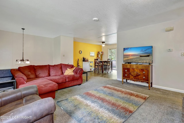 3550 Kachemak Cir, Anchorage, AK 99515 - living area featuring carpet floors, baseboards, a textured ceiling, ceiling fan, and a chandelier