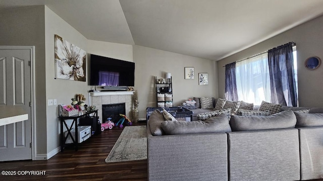 6244 Ophir Dr, Anchorage, AK 99504 - living room with dark wood-style flooring, lofted ceiling, and a fireplace