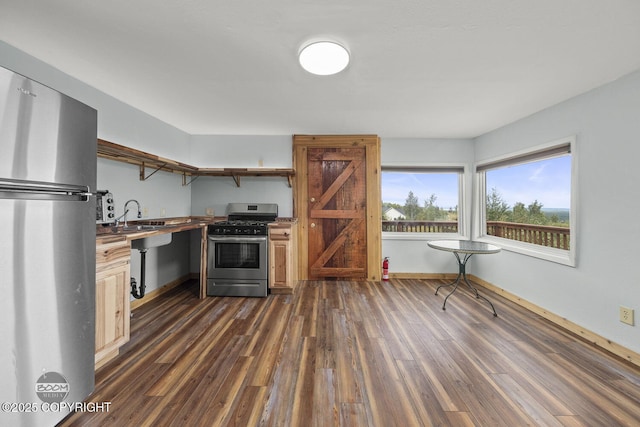 8153 Stewart Mountain Dr, Eagle River, AK 99577 - kitchen with stainless steel appliances, open shelves, dark wood-style flooring, and a sink