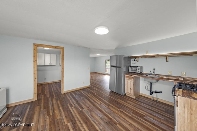 8153 Stewart Mountain Dr, Eagle River, AK 99577 - kitchen with stainless steel appliances, wooden counters, dark wood-style floors, and open shelves