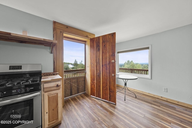 8153 Stewart Mountain Dr, Eagle River, AK 99577 - kitchen featuring stainless steel gas range oven, wood finished floors, and open shelves