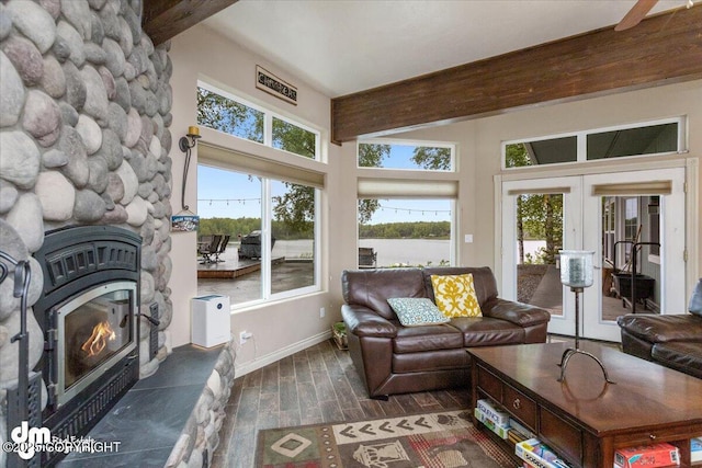13598 N Willow Dr, Willow, AK 99688 - living area featuring dark wood-style flooring, baseboards, french doors, and beam ceiling