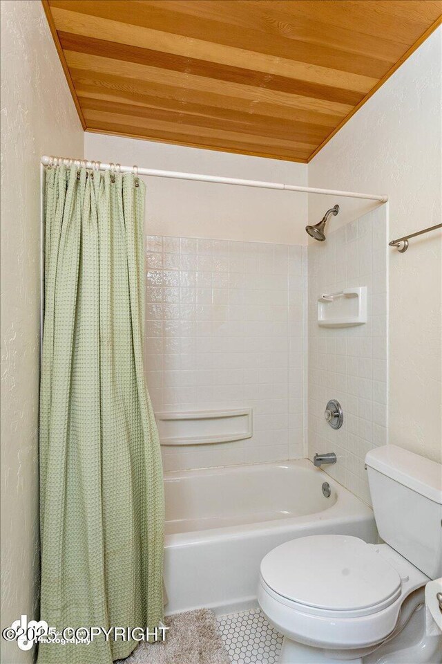 13598 N Willow Dr, Willow, AK 99688 - full bathroom with a textured wall, tile patterned flooring, wood ceiling, and toilet