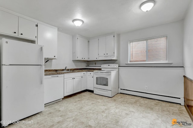 525 E 14th Ave, Anchorage, AK 99501 - kitchen featuring white appliances, baseboard heating, white cabinets, light flooring, and dark countertops