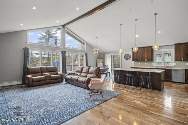 living room with light wood-type flooring, beam ceiling, and a wealth of natural light