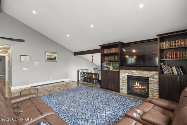 living room featuring a fireplace, baseboard heating, wood finished floors, baseboards, and recessed lighting