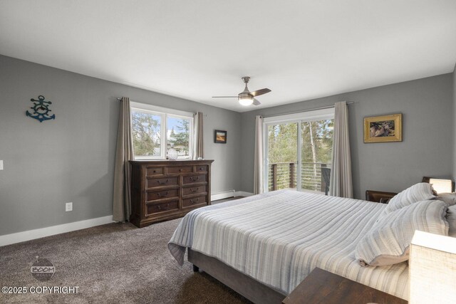 carpeted bedroom with baseboards, baseboard heating, and a ceiling fan
