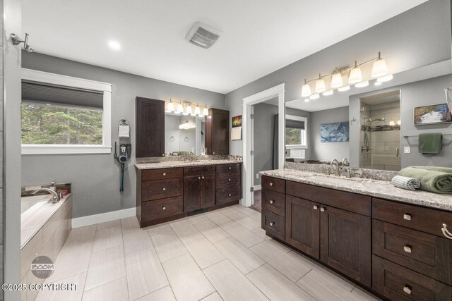 bathroom with a sink, two vanities, a shower stall, visible vents, and a garden tub