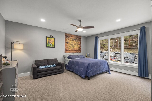 bedroom featuring carpet floors, baseboards, ceiling fan, recessed lighting, and a baseboard radiator