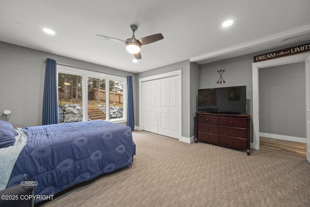bedroom featuring baseboards, recessed lighting, and carpet floors