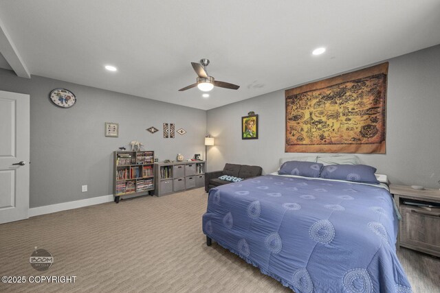 carpeted bedroom with baseboards, ceiling fan, and recessed lighting