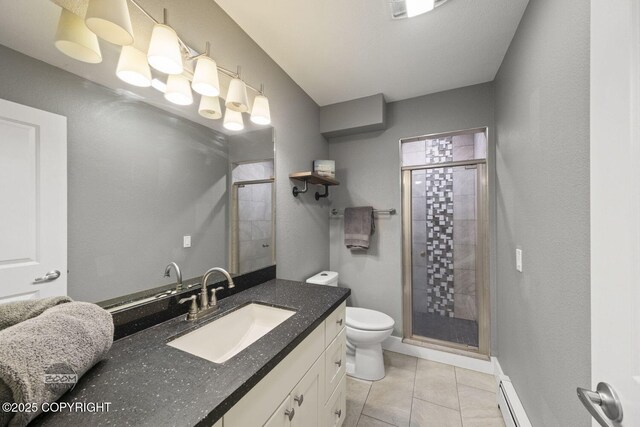 bathroom featuring tile patterned flooring, baseboard heating, a shower stall, vanity, and toilet
