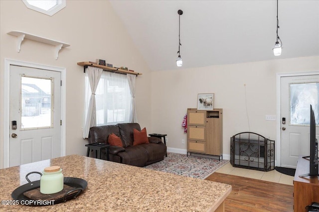 910 Refinery Loop, North Pole, AK 99705 - living room with high vaulted ceiling, light wood-type flooring, and baseboards