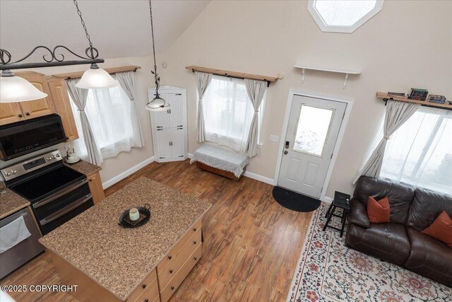 910 Refinery Loop, North Pole, AK 99705 - living room with wood finished floors, high vaulted ceiling, and baseboards