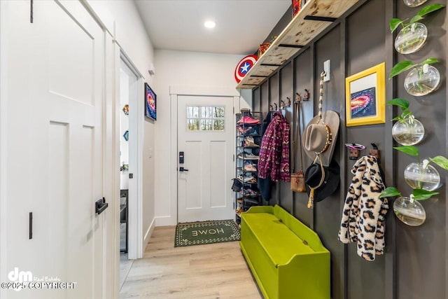 3460 S Shamrock St, Wasilla, AK 99623 - mudroom featuring wood finished floors, recessed lighting, and baseboards