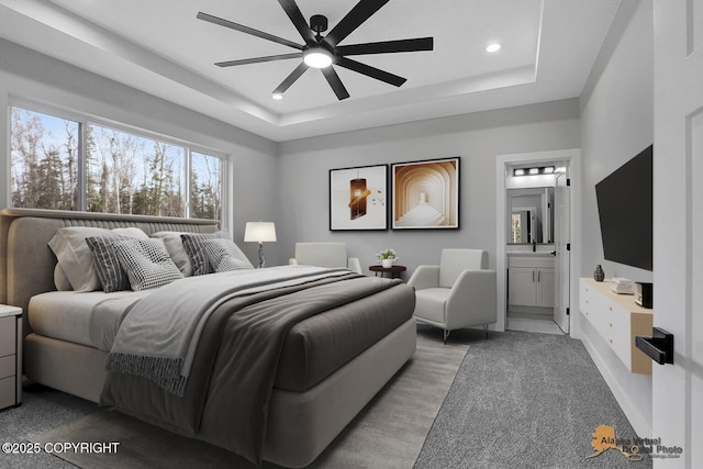 3169 N Gaviidae Dr, Wasilla, AK 99623 - bedroom with ceiling fan, a raised ceiling, ensuite bath, recessed lighting, and wood finished floors
